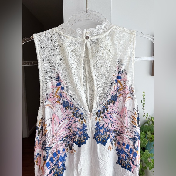 FREE PEOPLE Marsha Printed Lace Neck Mini Dress In Ivory - Picture 8 of 9